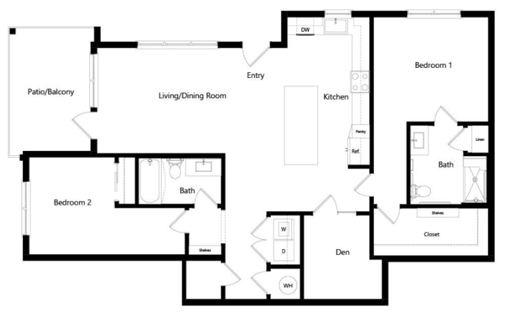 B4 - 2 bedroom floorplan layout with 2 baths and 1373 square feet.